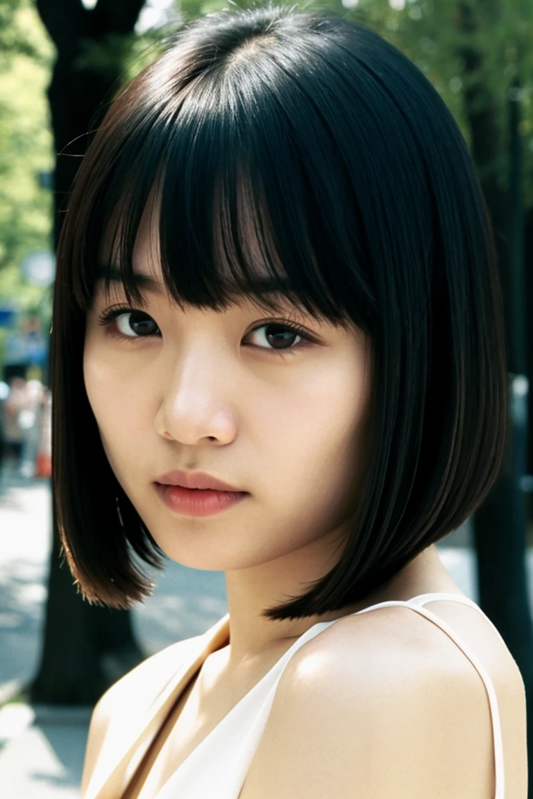 film still,film grain,cinematic,raw photo of a cute Japanese woman, (best quality and best aesthetic) and (photorealistic:1.4) and (Realistic:1.4) and Detailed Skin Textures and detailed skin pores and high skin detail, Detailed facial features,blunt bangs,Outdoors, public places