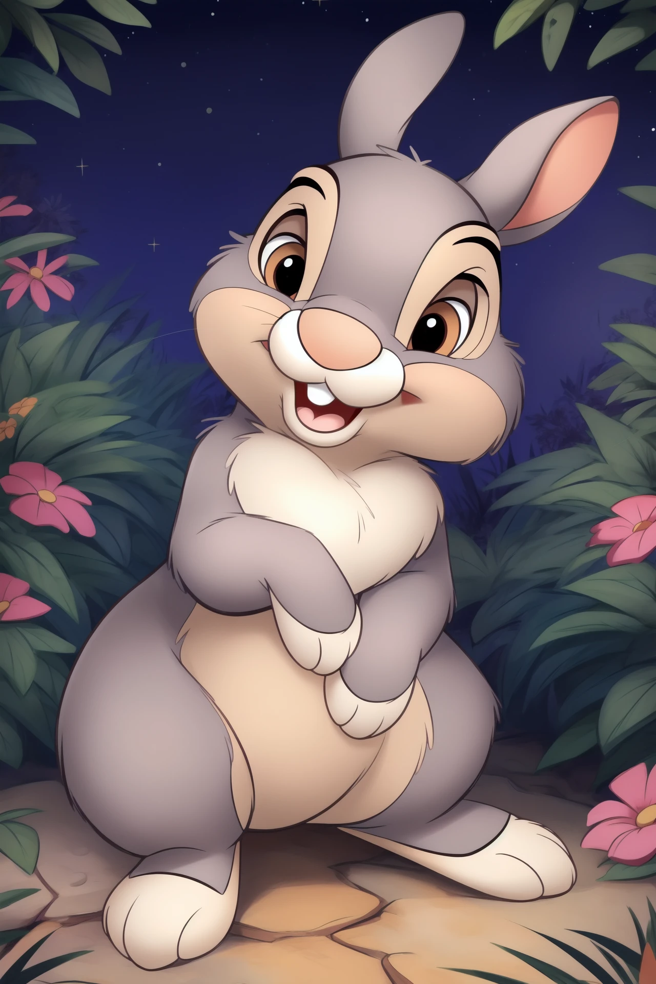 ((bright vibrant colors)), portrait, <lora:thumper_frv1:0.9>, (((thumper (disney)))), ((feral)), (male), solo, fluffy, detailed fur, (((grey fur))), hazel eyes, [1 bucktooth], mammal, bunny, ((small feral bunny body)), ((((looking cute)))), ((((happy expression)))), hi res, ultra realism shading, detailed eyes, ((((raising foot, thumping)))), by smitty g, by sfan, by the giant hamster, <lora:add_detail:0.5>, (looking at viewer), ((nature, forest, garden and starry filled background)),