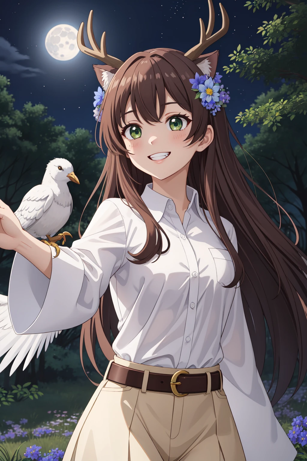 masterpiece, best quality, highly detailed, 1girl, animal ears, arm belt, belt, bird, blue flower, blurry, bokeh, brown belt, brown hair, collared shirt, copyright name, daisy, deer ears, deer girl, depth of field, ear tag, flower, flower in mouth, forest, green eyes, grin, hair flower, hair ornament, hair over shoulder, hand up, holding wreath, light particles, logo, long hair, looking at animal, looking up, moonlight, mouth hold, nature, night, night sky, outstretched arm, outstretched hand, shirt, sky, sleeves past elbows, smile, solo, teeth, tree, upper body, very long hair, white bird, white footwear, white shirt