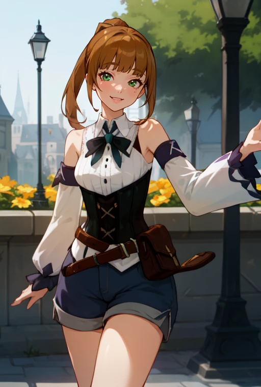 (masterpiece, best quality),(depth) of (field),  <lora:Ellin_GenshinImpactNPC:0.8> green_eyes, brown_hair, detached_sleeves, blunt_bangs, pony_tail, corset, belt, white_shirt, shorts, smile, heart, adult