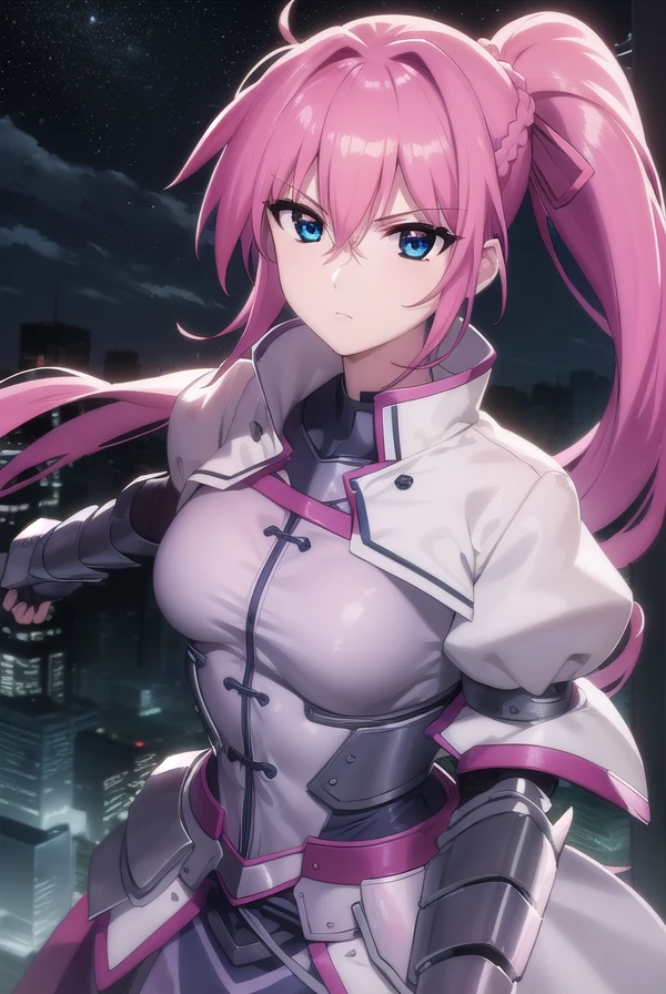 signum, <lora:signum movie2-lora-nochekaiser:1>,
signum, long hair, blue eyes, hair ribbon, ponytail, pink hair,
BREAK gloves, jacket, weapon, open clothes, sword, open jacket, magical girl, gauntlets, cropped jacket, waist cape, puffy sleeves,
BREAK outdoors, city, sky, night, starry sky, star \(sky\), moon,
BREAK looking at viewer, (cowboy shot:1.5),
BREAK <lyco:GoodHands-beta2:1>, (masterpiece:1.2), best quality, high resolution, unity 8k wallpaper, (illustration:0.8), (beautiful detailed eyes:1.6), extremely detailed face, perfect lighting, extremely detailed CG, (perfect hands, perfect anatomy),