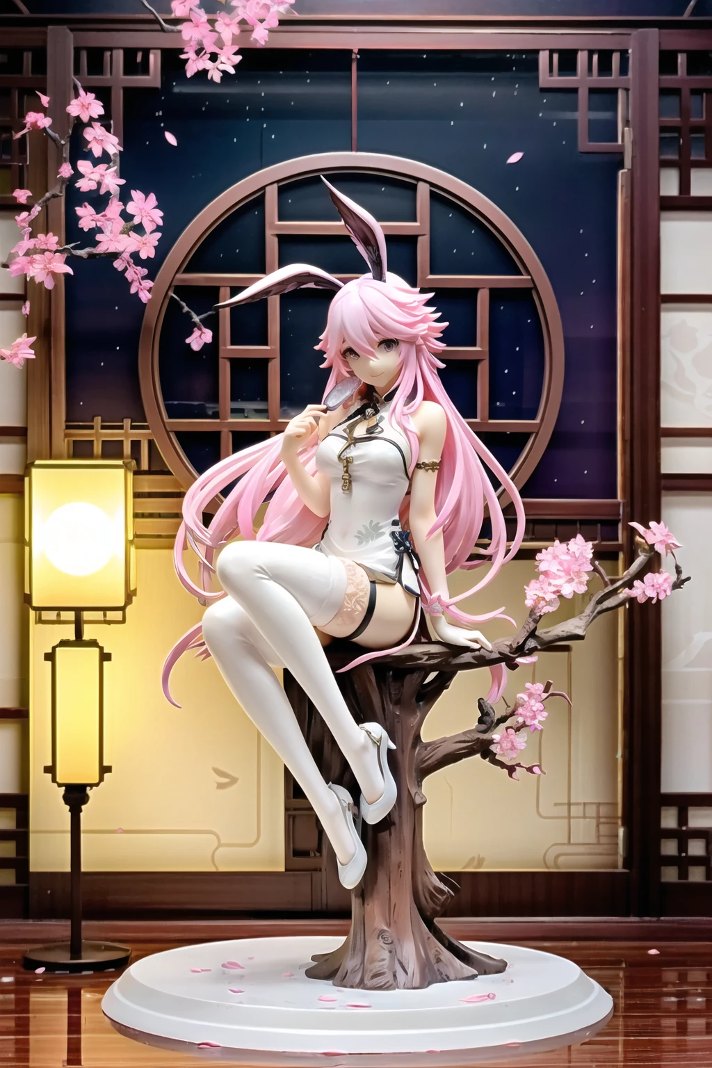 garage kit, 1girl, yae sakura, animal ears, pink hair, solo, fox ears, dress, long hair, chinese clothes, china dress, cherry blossoms, full body, night, sitting, looking at viewer, bangs, branch, night sky, petals, sky, holding, bare shoulders, breasts, thighhighs, white dress, white footwear, purple eyes, white thighhighs, sleeveless dress, white gloves, sleeveless, hair between eyes, lattice, closed mouth, gloves, hand fan, holding fan, high heels, flower, window, smile, moon, indoors,
best quality, high quality, <lora:garage_kit-000014:0.65>,