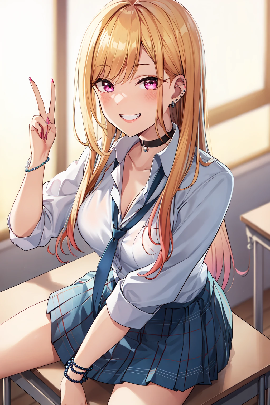 best quality, masterpiece, <lora:MarinKitagawaV2:0.7>marin kitagawa, school uniform, plaid skirt, black choker, earrings, black bracelet, blue bead bracelet, pink fingernails, looking at viewer, v, smile, teeth, sitting, desk, classroom, indoors, on desk, sunlight, blurry background