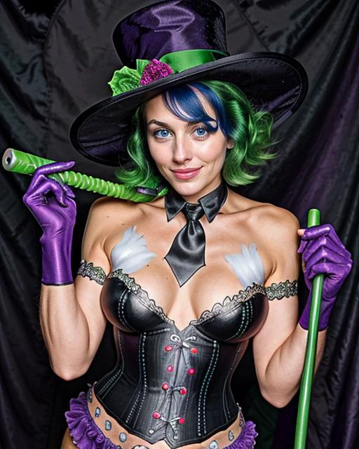 uniformsbodypaint, Duela Dent superhero uniform, pancake white skin, green goggles on purple top hat, neck tie, corset top, belt, long purple gloves, green cuffs, green haired woman, looking at viewer, smiling with teeth, clown red lipstick, bright green eyes, holding cane, standing, black background, nipples, flash lighting, shot on a RED digital cinematic camera, Sigma 85mm f/1.4, pores, highly detailed skin, cellulite, goosebumps, highly detailed hair, fine fabric thread detail, ((full shot), shot by Weegee, <lora:hairdetailer:0.45><lyco:hd_helper_v1:0.45><lora:epi_noiseoffset2:1><lora:uniformsbodypaintv4-05:1>