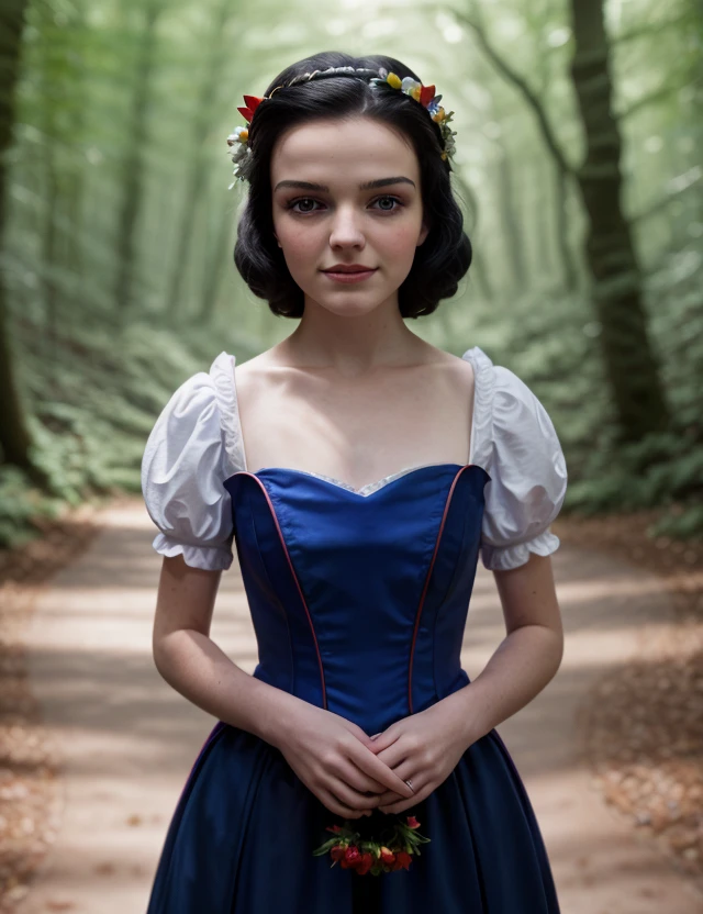 r4chsn0 photo of (r4chsn0) Snow white Disney, girl, RAW, nature, Enchanted forest, close portrait photo, Spectacular light, (Colorful flowering), 8k, soft lighting, high quality, film grain, Olympus OM1 sharp focus, f 3.4, ((detailed eyes)), (seductive pose), upper body, breast, ((Snow white Disney))