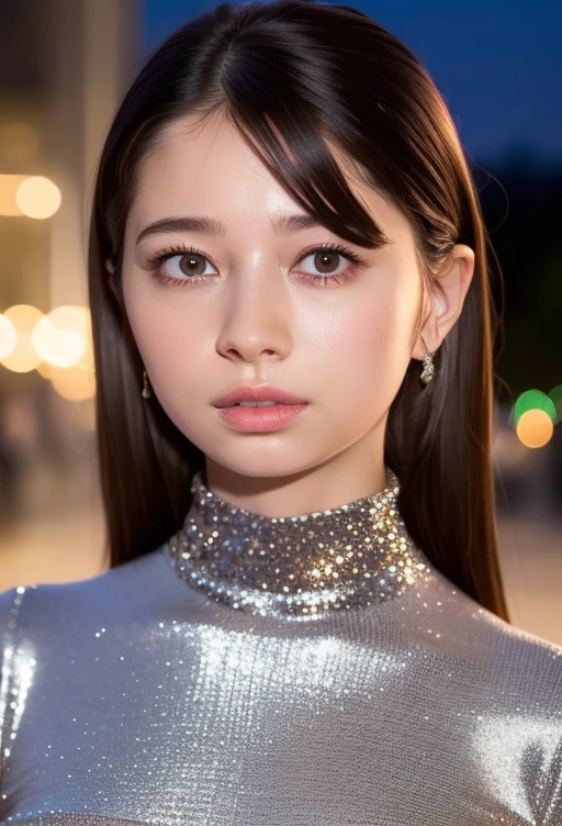 1girl,(wearing a turtleneck glittery evening dress:1.2),(RAW photo, best quality), (realistic, photo-realistic:1.4), masterpiece, an extremely delicate and beautiful, extremely detailed, 2k wallpaper, Amazing, finely detail, extremely detailed CG unity 8k wallpaper, ultra-detailed, highres, soft light, beautiful detailed girl, extremely detailed eyes and face, beautiful detailed nose, beautiful detailed eyes,cinematic lighting,city lights at night,perfect anatomy,slender body, <lora:sakuradahiyori_lora:0.8>
