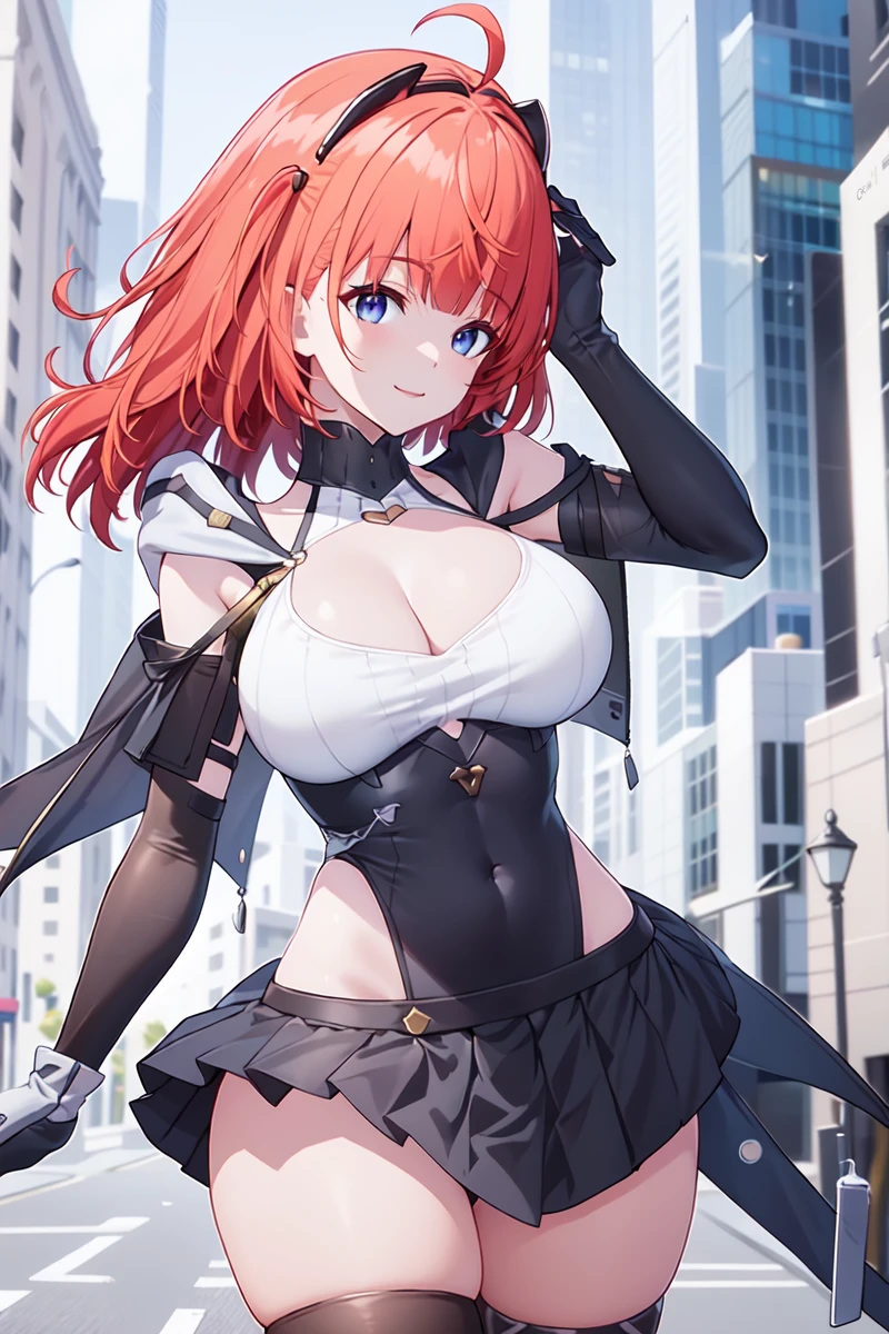 (best quality, masterpiece, colorful, dynamic angle, highest detailed)(tess),(official art, extreme detailed, highest detailed),(perfect hand),(tess),(close-up),realistic,front view,(perfect hand),fashion photography of medium hair girl,(intricate details, hyperdetailed:1.15),dressing high detailed bodysuit (high resolution textures),detailed,bokeh,detailed background,sunny outdoor,perfect lighting,in dynamic pose,smile,shading_eyes,standing,HDR+,black highleg leotard,ahoge,blunt bangs,long_gloves,black microskirt,asymmetrical_legwear,<lora:Tess kotkin V1.0:1>,
