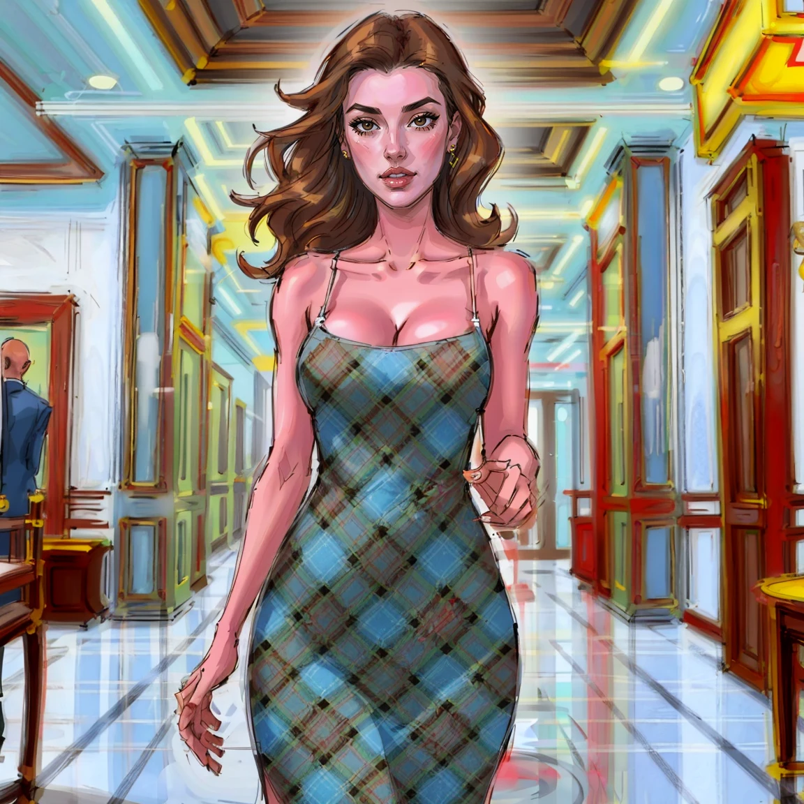minimalist, centered, illustration, sketch, hotel lobby in background, line art, simple drawing, attractive woman wearing a p41sley_pl41d plaid dress, detailed face, pohytail<lora:p41sley_pl41d_v1:1.1>