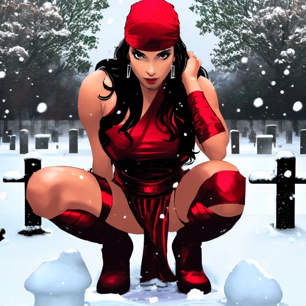((a woman squatting on a grave in the snow, snow falling ))<lora:ElektraLoRA:1> 1girl, black hair, red clothes, solo, breasts, bandana, makeup, shoulder free, large breasts, jewelry, earrings, gloves, boots, ninja, beautiful eyes, beautiful girl,