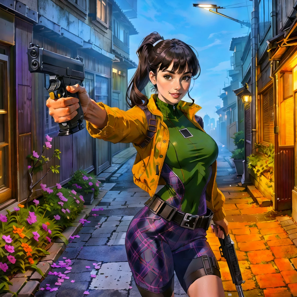 StacyHiggins, ponytail, bangs, aiming a Glock pistol at viewer, (ultra detailed Glock 17 pistol) , (finger on the trigger) mcdofgg plaid catsuit, big breasts, (cropped jacket over catsuit), cartridge belt, 2 holsters on hips, hand on pistol grip, modern city, skyscrapers, dark deserted alleyway, overhead streetlight, stark lighting, twilight, metal glints, smile, perspective, foreshortening, depth of field <lora:cowgirl_outfit_v0.1a:0.2> <lora:mcdofgg_v1:1>
