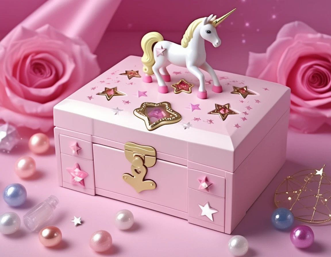 Create an image resembling a realistic photograph of a children's toy makeup box. The main body of the box is in a soft pink hue, adorned with a whimsical white unicorn design, embellished with sparkling gemstones. In the background, there is a magical hexagram, a six-pointed star, intricately detailed and glowing with an ethereal light, enhancing the enchanting theme of the toy,<lora:girl_toy_style:0.65>,