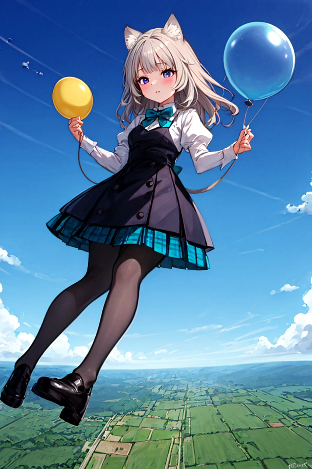 masterpiece, best quality, solo, 1girl, (in the sky, holding many huge balloons, sky diving, full body:1.5), french town, outdoors, <lora:Genshin_Little_Lynette_v3-000055:0.6>, (long hair:1.5), long sleeves, black dress, black vest, collared shirt, teal bow, cat ears, parted lips, purple eyes, cat tail, grey hair, grey pantyhose, black loafers, puffy sleeves, bowtie, plaid skirt, pleated skirt, black skirt, teal skirt, from below,