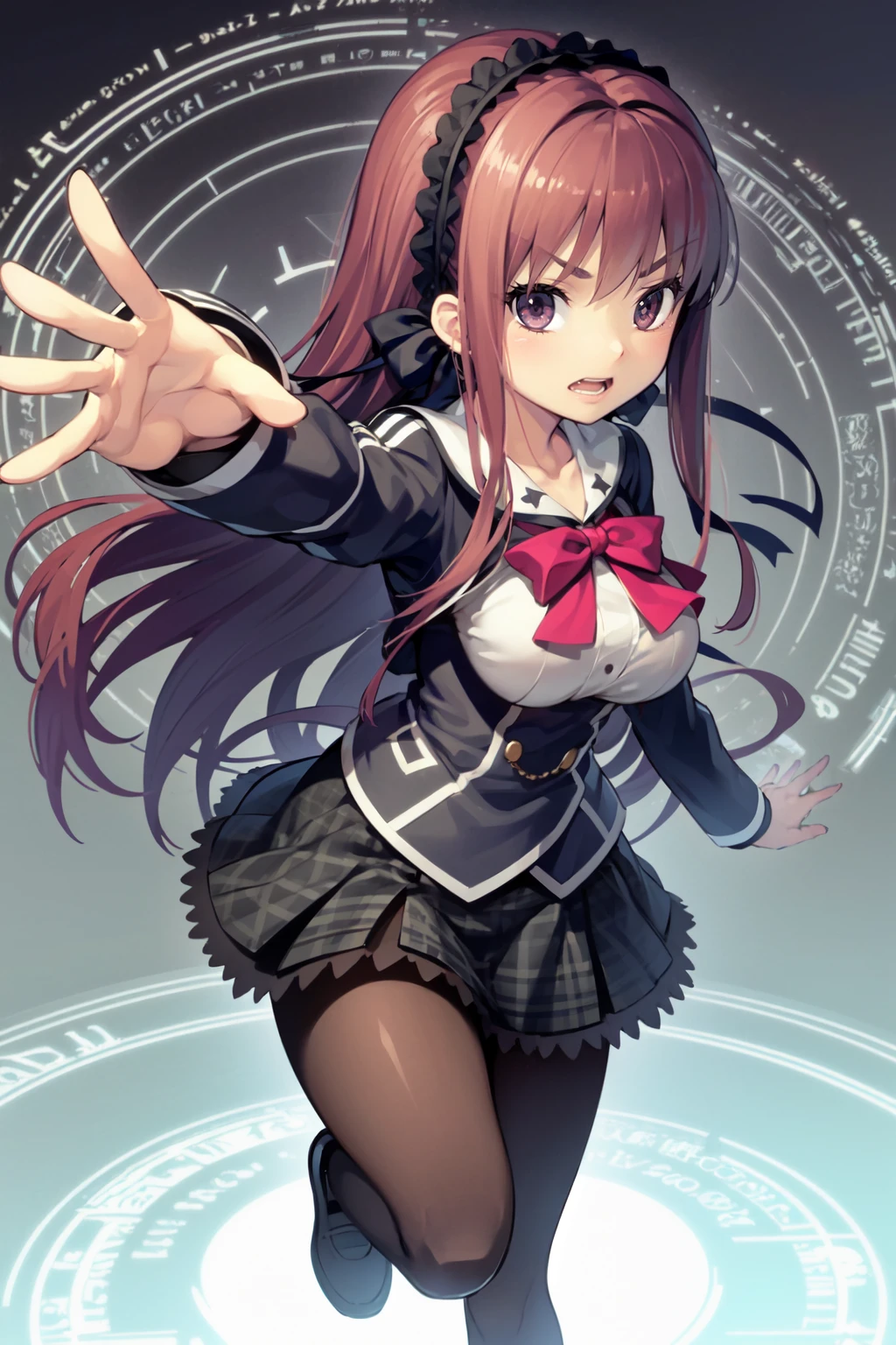ushioley, 1girl, solo, hairband, hair bow, school uniform, bowtie, plaid skirt, pantyhose, magic circle, open mouth, outstretched arm, magic, v-shaped eyebrows, teeth,   <lora:ushioley_V1-09:0.7>