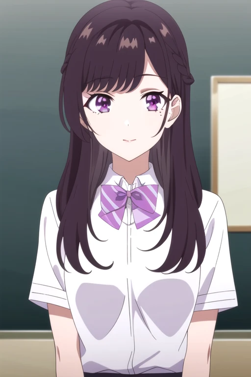 (best quality:1.1), (masterpiece:1.4), wallpaper, 1girl, solo, looking at viewer, , depth of field, ligne claire, , <lora:maria_kurose:0.94>, maria_kurose, brown hair, purple eyes, long hair, , , , school uniform, , bowtie