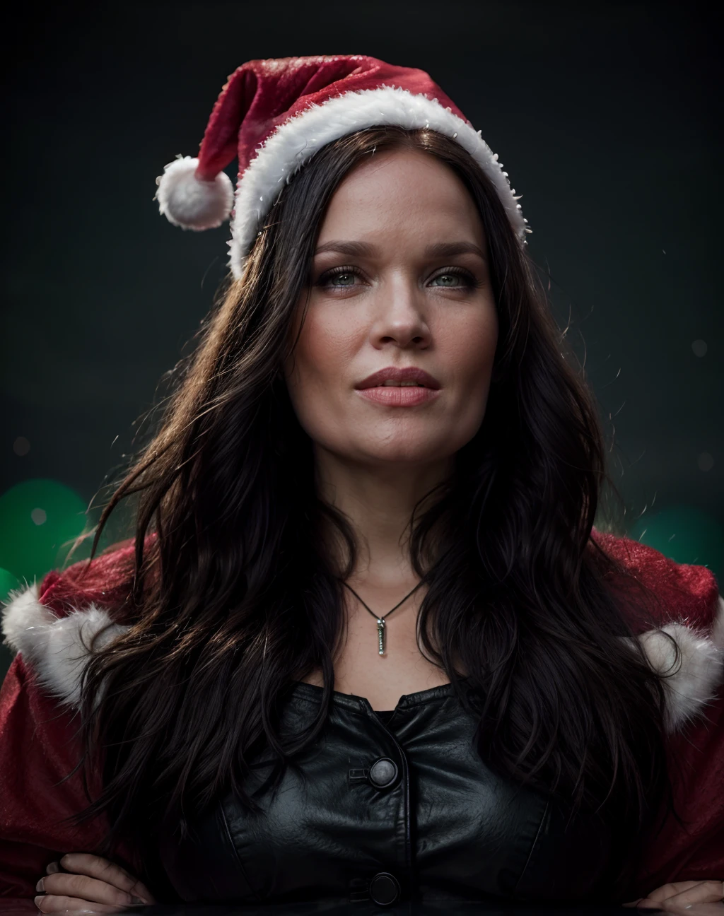 cinematic film still <lora:quiron_TarjaTurunen_v6_Lora:1>  TarjaTurunenQuiron woman, 
(a woman  wearing christmas costume),
Christmas atmosphere, realistic, green, black, (simple background:1.5) , (black:1.1), (double exposure art:1.5):3], [a woman with (Santa hat:1.2) : Green Santa with a huge smile: 4], magnificent,  epic, majestic, magical,   dreamy, christmas tree, snowing, red lights, fireflies,    . shallow depth of field, vignette, highly detailed, high budget Hollywood movie, bokeh, cinemascope, moody, epic, gorgeous, film grain, grainy