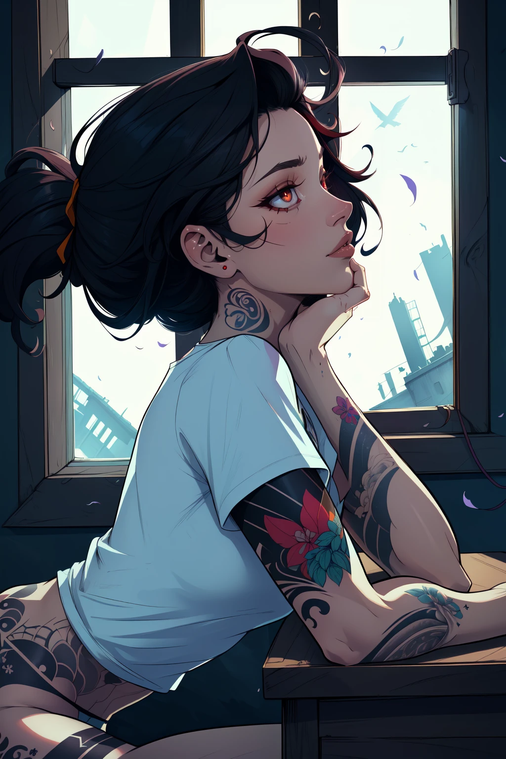 (masterpiece, best quality, absurdres, 4k, aesthetic, detailed, intricate, perfect lighting),cinematic angle,cinematic lighting,1girl,upper body,from side,leaning forward,elbow rest,open window,windowsill,wind gust,panties,t-shirt,pale skin,black hair,messy hair,(arm tattoo,thigh tattoo), <lora:tattoo_lora01:0.6> tattoo