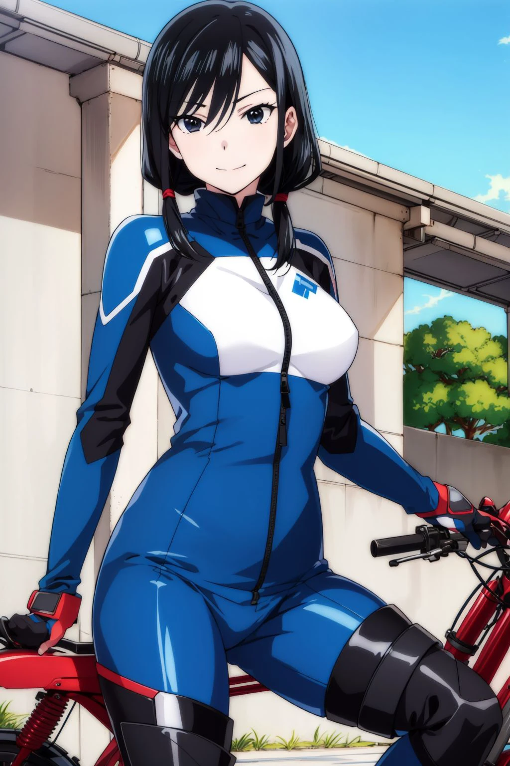 1girl, solo, reiko, black hair, long hair, low ponytail, hair between eyes, black eyes, medium breasts, biker suit, bodysuit, partially unzipped, gloves, boots, motorcycle, looking at viewer, smile, (outdoors:1.45), (masterpiece:1.4), (best quality:1.4), (absurdres:1.0), (intrincate), (full sharp), (extremely detailed:1.5), (exquisite details), (high definition), (anime, anime coloring:1.35),  <lora:Reiko (Super Cub)_001:0.7>