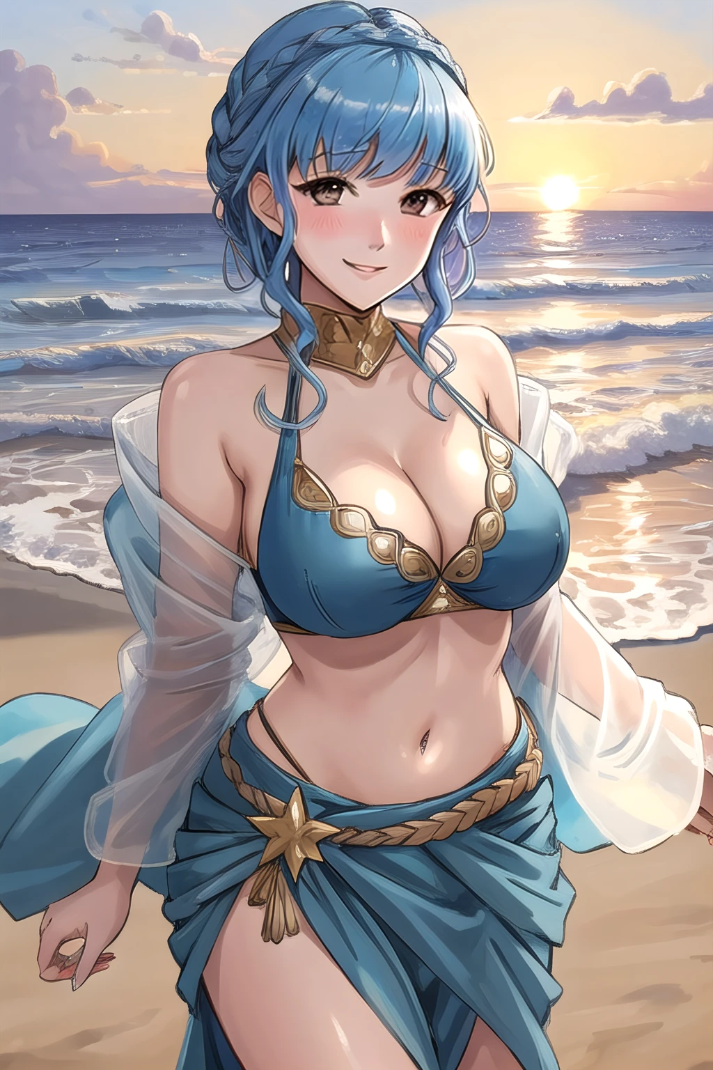 <lora:marianne-academy-10:0.8>, marianne fe, looking at viewer, beach setting, blue bikini, sarong, see-through, smile, blush, large breasts, cleavage, sunset, cowboy shot