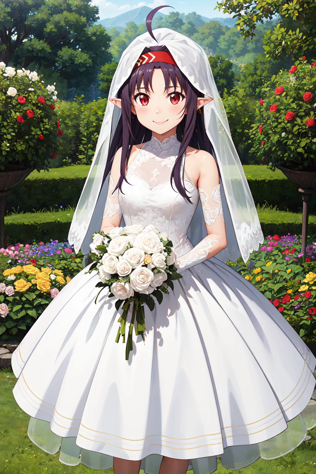 masterpiece,best quality,highres,ultra-detailed,yuuki \(sao\),pointy ears,long hair,ahoge,red hairband,<lora:yuuki _(sao):0.8>,(wedding dress:1.2),white dress,(veil:1.2),garden,smile,outdoors,standing,cowboy shot,holding bouquet,