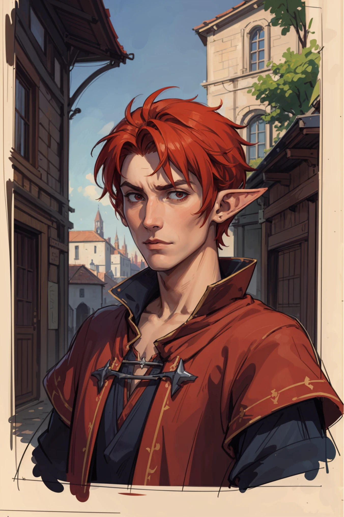 (complex impressionism sketch:1.3), portrait fro below, attractive elf wizard vampire boy with red undercut hair, medieval town, orange black blue, (sad), (atmosphere), coherent, continuity, epic, sharp lines