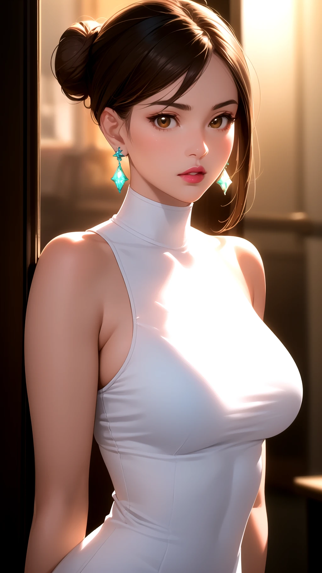 (masterpice, best quality), (ambient soft lighting:1.3), 1girl, mature female, brown skin, brown hair, brown eyes, lips, straight hair, sleek bun, large breasts, earrings, Fuchsia matte lipstick