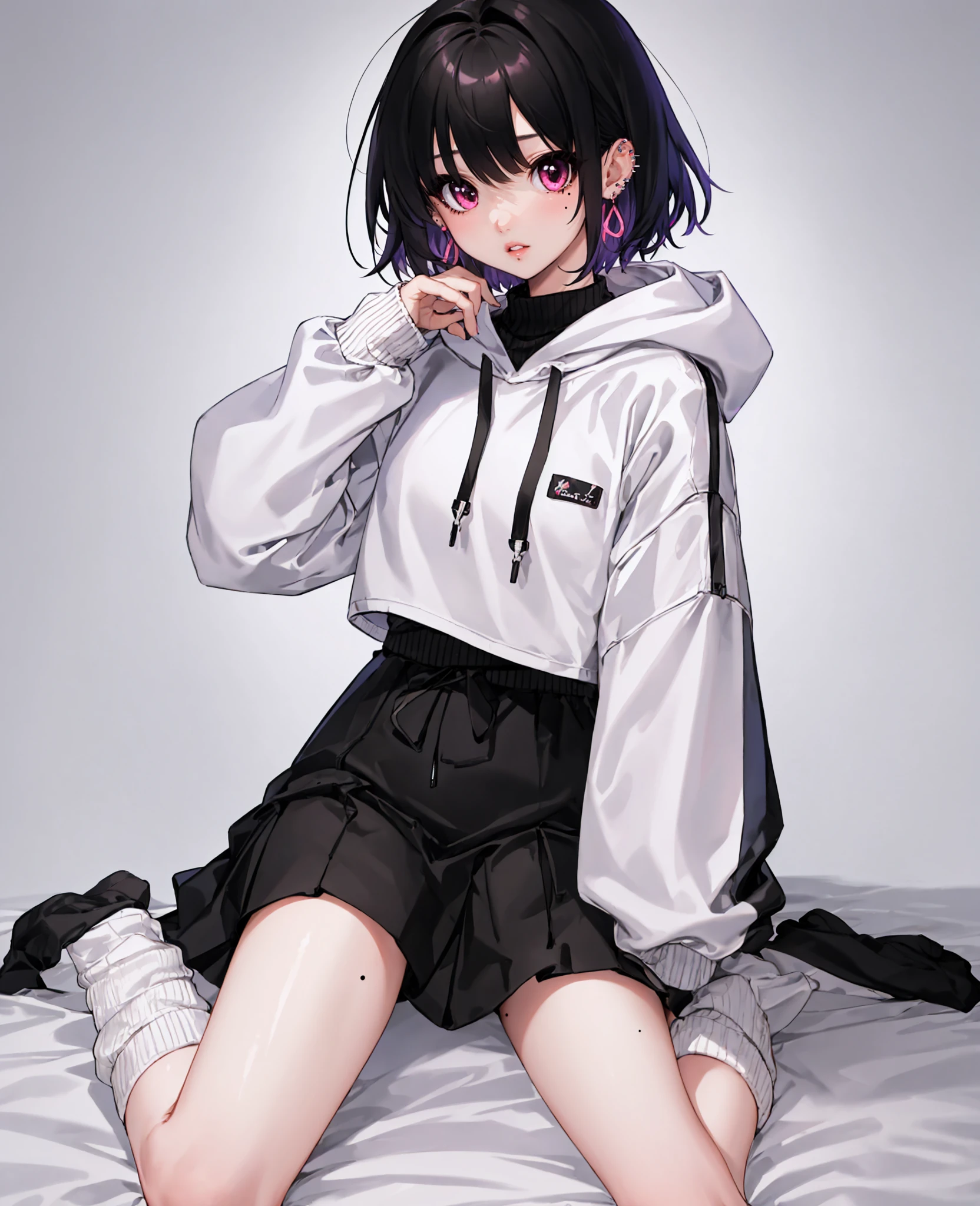 A girl with long black hair is sitting on the bed　Wearing a hood　He wears a black hoodie underneath his beautiful black ninja kimono.　She is wearing a black pleated skirt　White skin　tall　With bangs　Beautiful face　Thin legs　Smooth, long, straight hair　Long and narrow face　With waistline　Keeping your left hand in your pocket　Anime Style