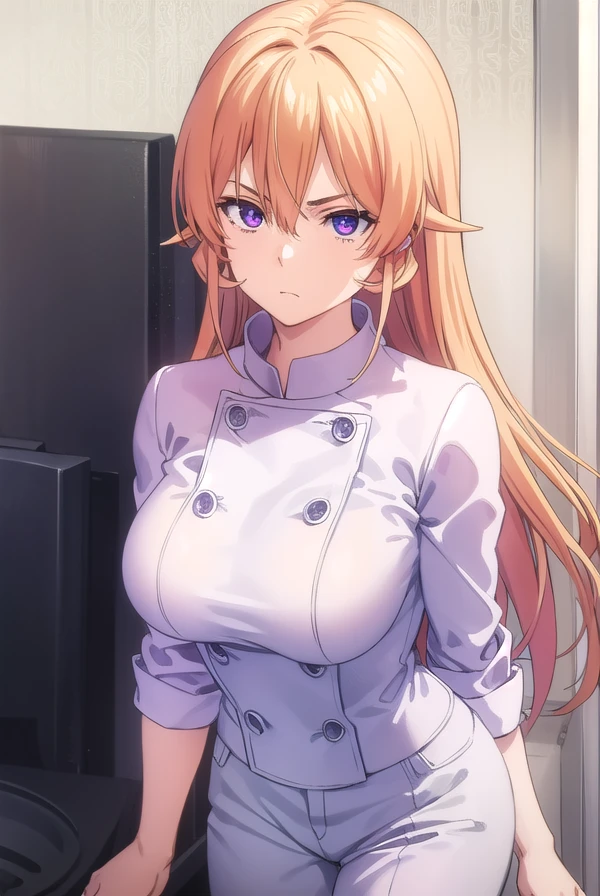 erinanakiri, <lora:erina nakiri s1-lora-nochekaiser:1>,
erina nakiri, long hair, orange hair, (purple eyes:1.1), hair between eyes, frown, angry,
BREAK pants, white pants, chef, long sleeves, sleeves rolled up,
BREAK indoors, kitchen,
BREAK looking at viewer, (cowboy shot:1.5),
BREAK <lyco:GoodHands-beta2:1>, (masterpiece:1.2), best quality, high resolution, unity 8k wallpaper, (illustration:0.8), (beautiful detailed eyes:1.6), extremely detailed face, perfect lighting, extremely detailed CG, (perfect hands, perfect anatomy),