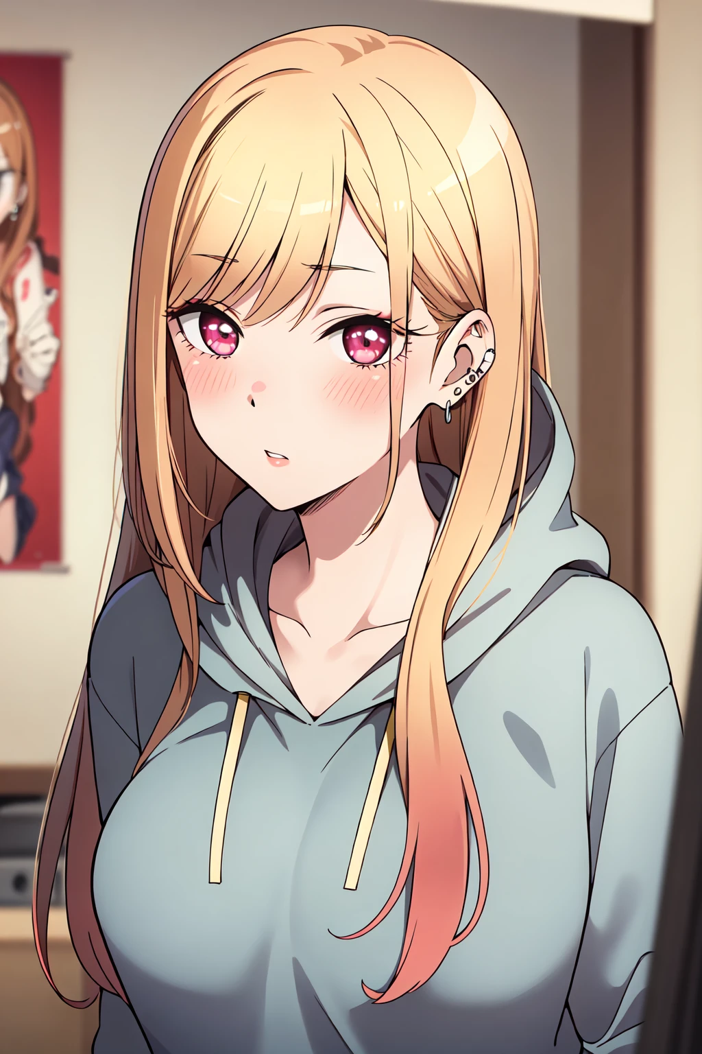 best quality, masterpiece, <lora:MarinKitagawaV2:0.7>marin kitagawa, gray hoodie, earrings, parted lips, looking at viewer, blush, posters, upper body,