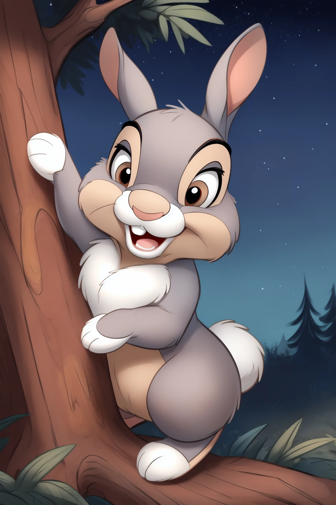 ((bright vibrant colors)), portrait, <lora:thumper_frv1:0.9>, (((thumper (disney)))), ((feral)), (male), solo, fluffy, detailed fur, (((grey fur))), hazel eyes, [1 tooth], mammal, bunny, ((small feral bunny body)), ((((looking cute)))), ((((happy expression)))), hi res, ultra realism shading, detailed eyes, ((peeking over fallen tree)),  by smitty g, by sfan, by the giant hamster, <lora:add_detail:0.5>, (looking at viewer), ((nature, forest, tree and starry filled background)),