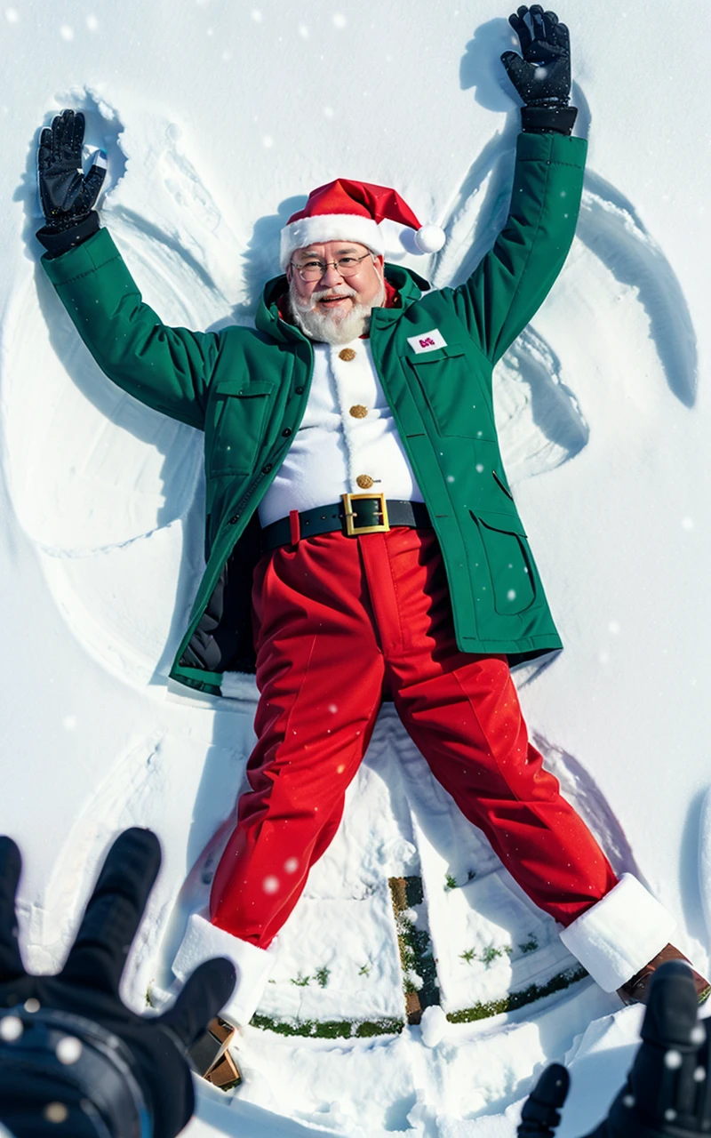 snwangl2023, robotic Santa Clause, long white beard, glasses, old man, obese man, winter coat, pants, santahat, cyberpunk style, 8k, uhd, best quality, trending on arstation, masterpiece, full body, making snow angels, from above, perspective, cute, cyborg, green santa suit