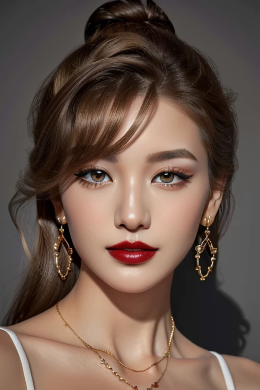 (masterpiece:1.21),(bestquality:1.21),8k,high detailed,ultra-detailed,depth of field,wide angle,1girl,beautiful face,Graceful Hands,Real Skin Texture,solo,looking at viewer,clean background trending,(portrait photo of a gray backdrop),black eyes,beautiful detailed eyes,random_color_lipstick,eyeliner,eyelashes,random_color_nail_polish,earrings,necklace,
Golden brown Hair,hair bun,Laughing,High key lighting,shadow