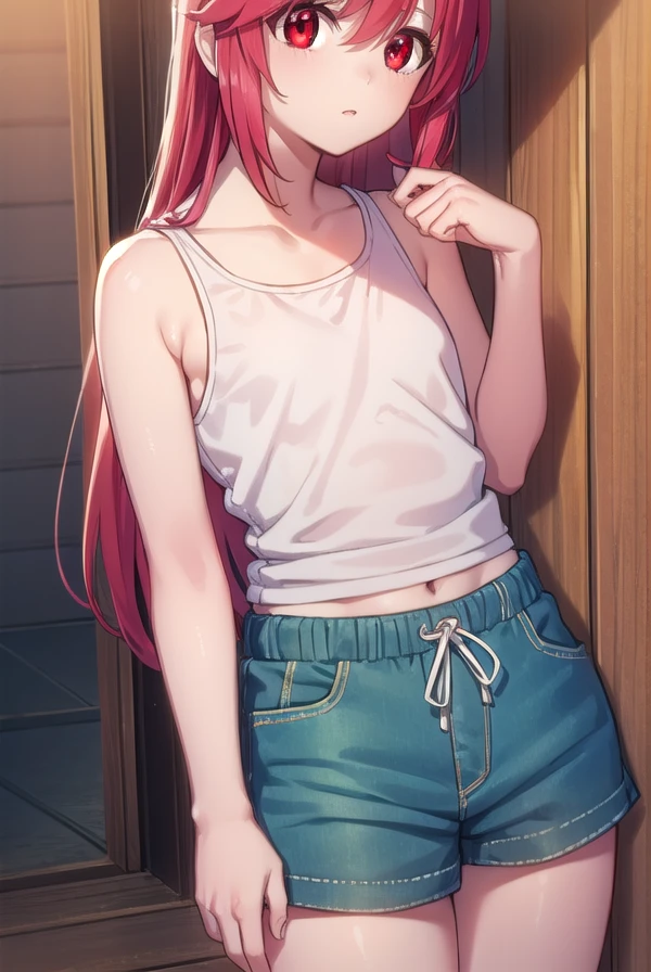 elfenliednyuu, <lora:elfen lied nyuu-lora-nochekaiser:1>,
nyuu, long hair, (red eyes:1.3), pink hair, horns, (small breasts:1.2),
BREAK shorts, tank top, green shorts,
BREAK indoors,
BREAK looking at viewer, (cowboy shot:1.5),
BREAK <lyco:GoodHands-beta2:1>, (masterpiece:1.2), best quality, high resolution, unity 8k wallpaper, (illustration:0.8), (beautiful detailed eyes:1.6), extremely detailed face, perfect lighting, extremely detailed CG, (perfect hands, perfect anatomy),