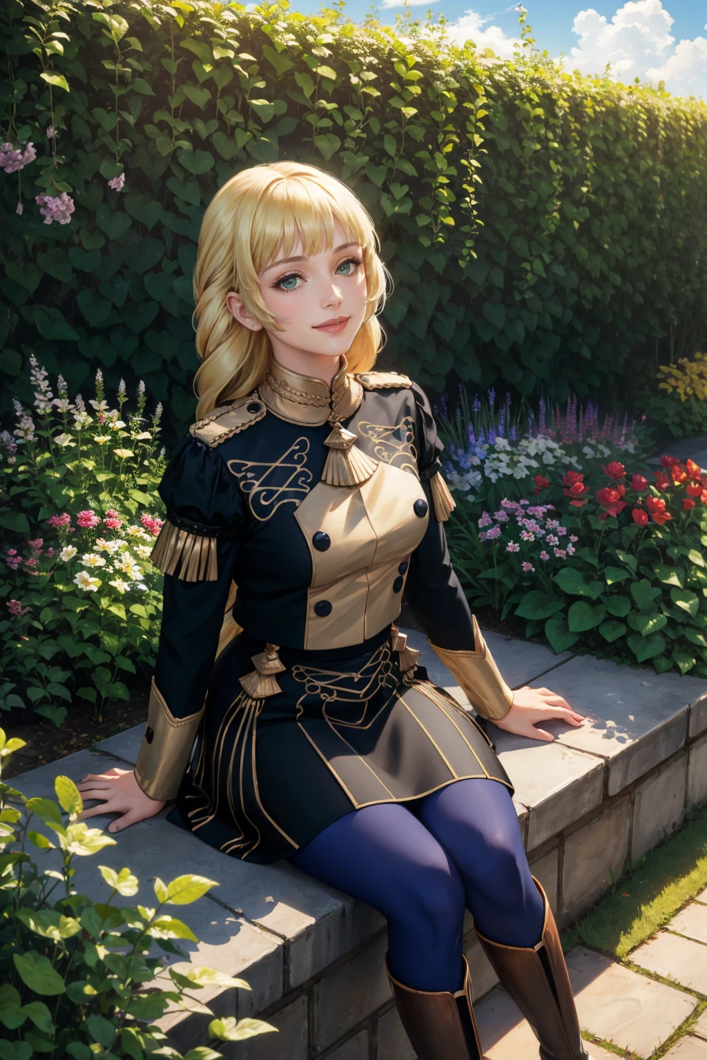 masterpiece, best quality, <lora:ingrid-nvwls-v2-000009:0.9> defingrid, bangs, braided ponytail, black jacket, black skirt, blue pantyhose, black boots, sitting, garden, looking up, smile, sky, clouds