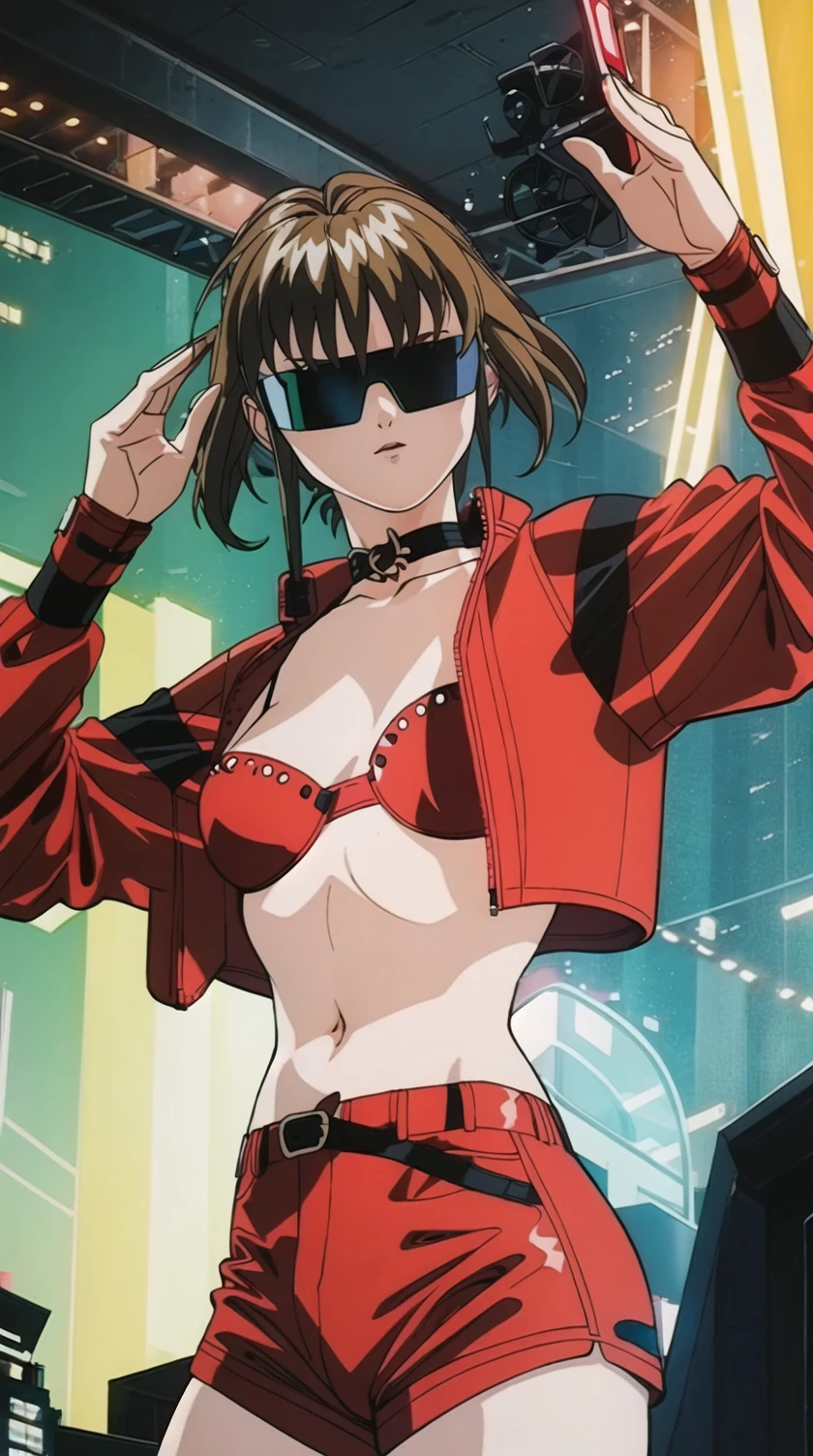 <lora:Armitage_by_minion-46:0.55> 1girl, armitage, red bra, red shorts, sunglasses, open jacket, cropped jacket, choker, dynamic pose, cyberpunk, by artgerm, cinematic 4k wallpaper,ultra detailed, high resolution, artstation, award winning