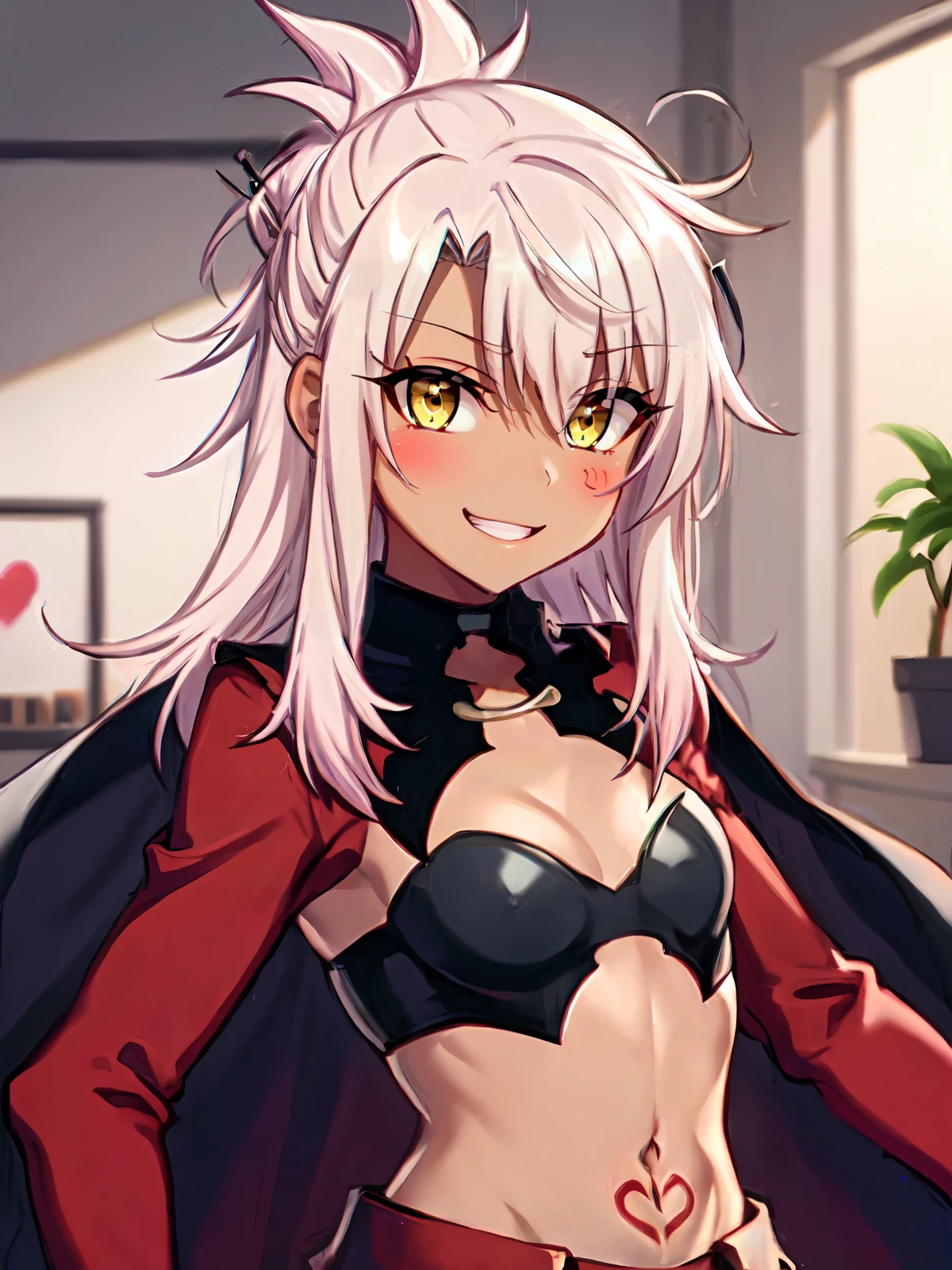 (extremely detailed fine touch:1.2), masterpiece, best quality, highly quality  perfect face, lustrous skin, narrow waist, wide hips, perfect face,   <lora:Kuro-10:0.8>chloekuro, long hair, dark skin, dark-skinned female, pink hair, navel, waist cape, cape, stomach tattoo, hair ornament, yellow eyes, small breasts, black panties,seductive smile,  upper body, indoors, messy room,