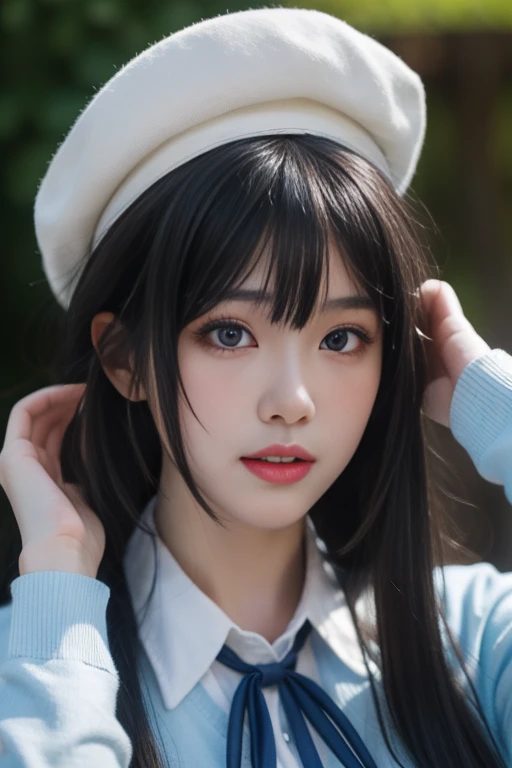 ltra-detailed,highly detailed,best quality,masterpiece,illustration,realistic,
yukinoshita yukino, 1girl, solo, hat, long hair, realistic, black hair, ribbon, upper body, neck ribbon, blue eyes, lips, shirt, bangs, looking at viewer, closed mouth, beret, blue ribbon, nose, white shirt, brown hair, long sleeves, white headwear, hand up, collared shirt, sidelocks, black eyes, blunt bangs, adjusting hair, faux traditional media, hand in own hair,
 <lora:yukinoshita yukino_yhz_v1_02:0.7>