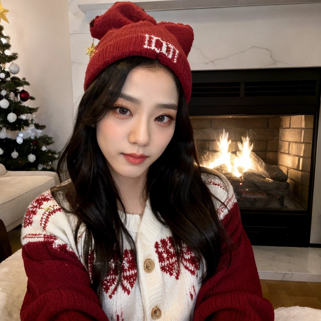 <lora:sooyaaa_sd15_512_128_64_v1:1>> sooyaaa, 1girl,closeup picture, wearing a swearter, christmas decoration cozy fireplace in background,