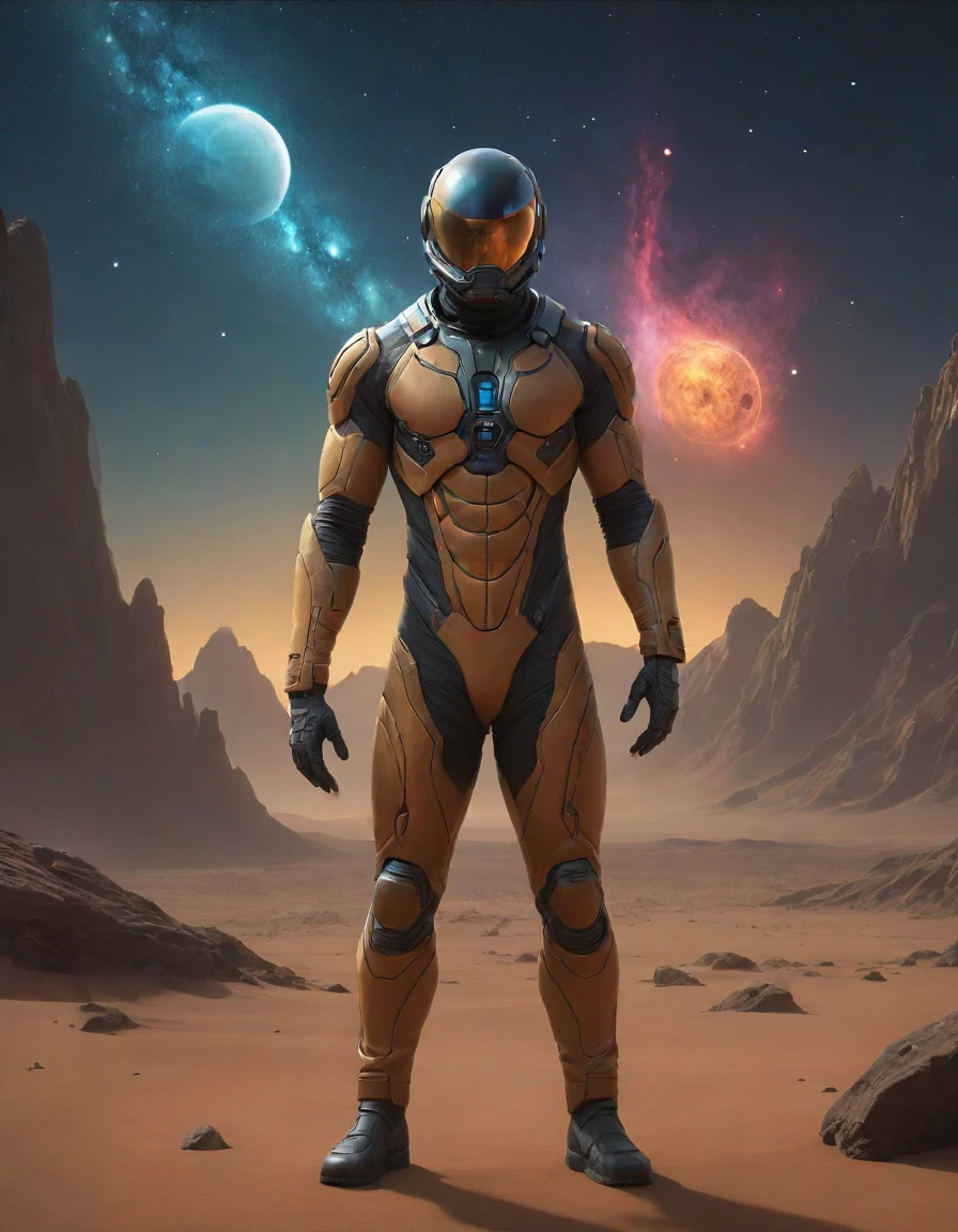 space-themed Conceptualize an epic artwork featuring a Person in Stillsuit Exploring Alien Worlds, focus person, futuristic technology and space themes with advanced civilizations, dark nebula night sky, extraterrestrial landscapes, and otherworldly structures, emphasize the character's isolation and wonder as they navigate through uncharted territories to create an immersive experience for viewers, sharp focus, . cosmic, celestial, stars, galaxies, nebulas, planets, science fiction, highly detailed,