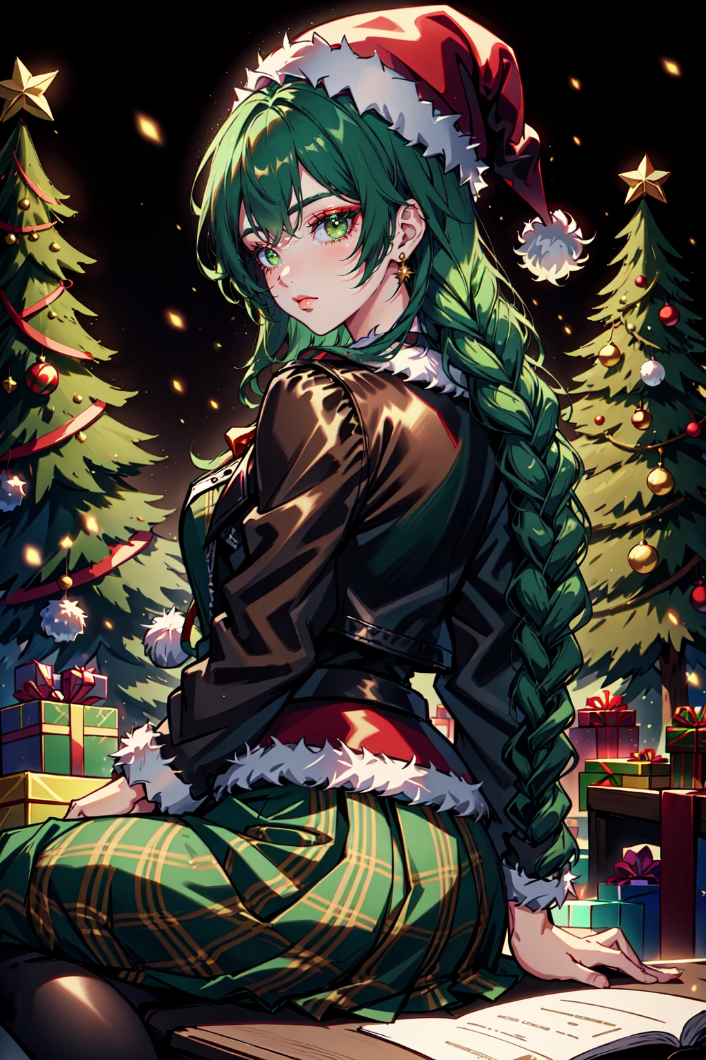 Mrs Claus, skindentation, gossamer, Woman in a green victorian costume, leather jacket, retro theme, braids, makeup, eyeliner, santa hat, plaid green full skirt, christmas theme, inked lines, best illustration, officical art, green, trees, chair, sitting, teamgreenstyle, dynamic angle, semi realistic, 2.5d, side lighting, LUT movie style, back lighting, magic, Rembrandt lighting, Santa Overlords Style, holidayxl style , <lora:TeamGreenStyle:0.5>, <lora:SantaOverlordsStyle:0.3>, <lora:HolidayIdidalittlebit:0.25>