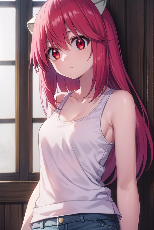 elfenliednyuu, <lora:elfen lied nyuu-lora-nochekaiser:1>,
nyuu, long hair, (red eyes:1.3), pink hair, horns,
BREAK shorts, tank top, green shorts,
BREAK indoors,
BREAK looking at viewer, (cowboy shot:1.5),
BREAK <lyco:GoodHands-beta2:1>, (masterpiece:1.2), best quality, high resolution, unity 8k wallpaper, (illustration:0.8), (beautiful detailed eyes:1.6), extremely detailed face, perfect lighting, extremely detailed CG, (perfect hands, perfect anatomy),