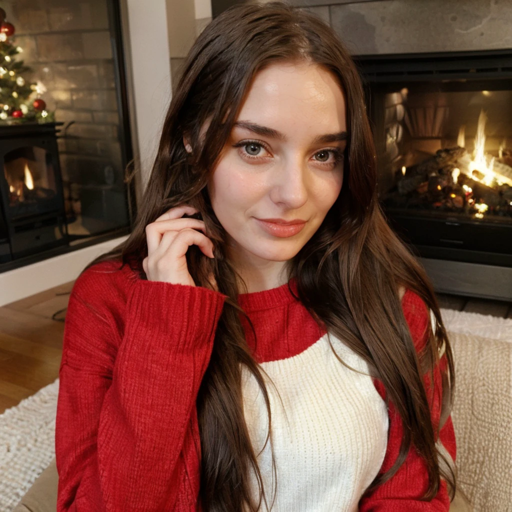 <lora:loserfruit_sd15_512_128_64_v1:1> losefruit, 1girl, wearing a sweater, christmas decoration cozy fireplace in background,