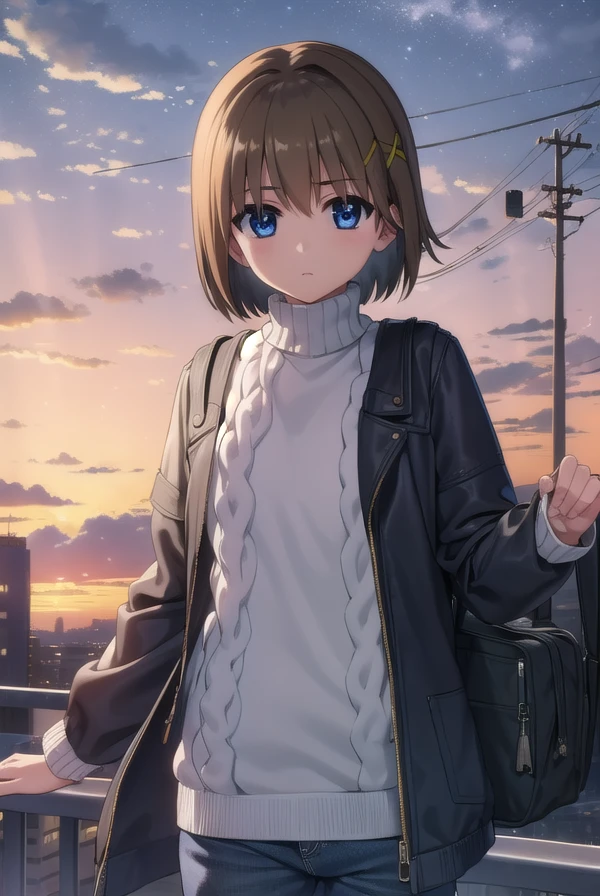 hayateyagami, <lora:hayate yagami movie2-lora-nochekaiser:1>,
hayate yagami, yagami hayate, short hair, blue eyes, brown hair, hair ornament, x hair ornament,
BREAK sweater, pink sweater, turtleneck, long sleeves,
BREAK outdoors, city, night, starry sky,
BREAK looking at viewer, (cowboy shot:1.5),
BREAK <lyco:GoodHands-beta2:1>, (masterpiece:1.2), best quality, high resolution, unity 8k wallpaper, (illustration:0.8), (beautiful detailed eyes:1.6), extremely detailed face, perfect lighting, extremely detailed CG, (perfect hands, perfect anatomy),