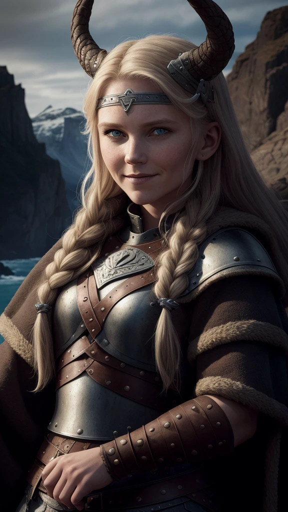 a portrait of a fierce Viking shieldmaiden, embodying bravery and resilience in a rugged landscape, light smile