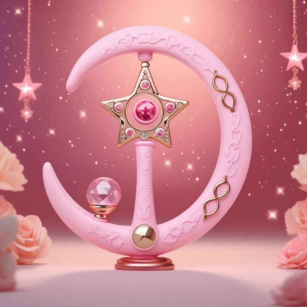 A photorealistic image of a child's toy scythe, with the main body in soft pink hues. The scythe is adorned with sparkling gems and crescent moon motifs, adding a whimsical yet magical touch. In the background, a six-pointed star magic circle is intricately designed, complementing the toy scythe's enchanting theme. The entire scene captures the essence of a fantasy world, with the toy scythe appearing both playful and mystical, set against the detailed and glowing magic circle.,<lora:girl_toy_style:0.65>,
