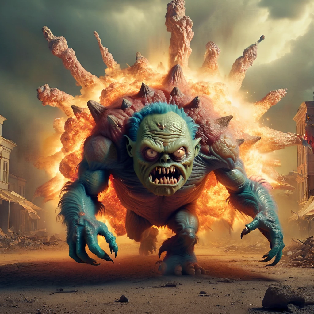 monster, a mass explosion on earth that destroys all of humanity, scary, massive explosion, humans running away from it