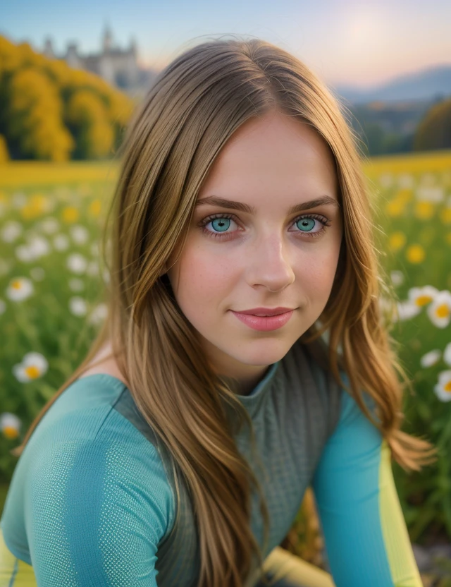 t1n4 photo of (t1n4) girl, RAW, (close portrait photo), nature, Spectacular light, intricate color, leggings intricate, (Colorful flowering), 8k, soft lighting, high quality, film grain, Olympus OM1 sharp focus, f 3.4, ((detailed eyes)), (seductive pose), upper body, breast, smile, (Salzburg)