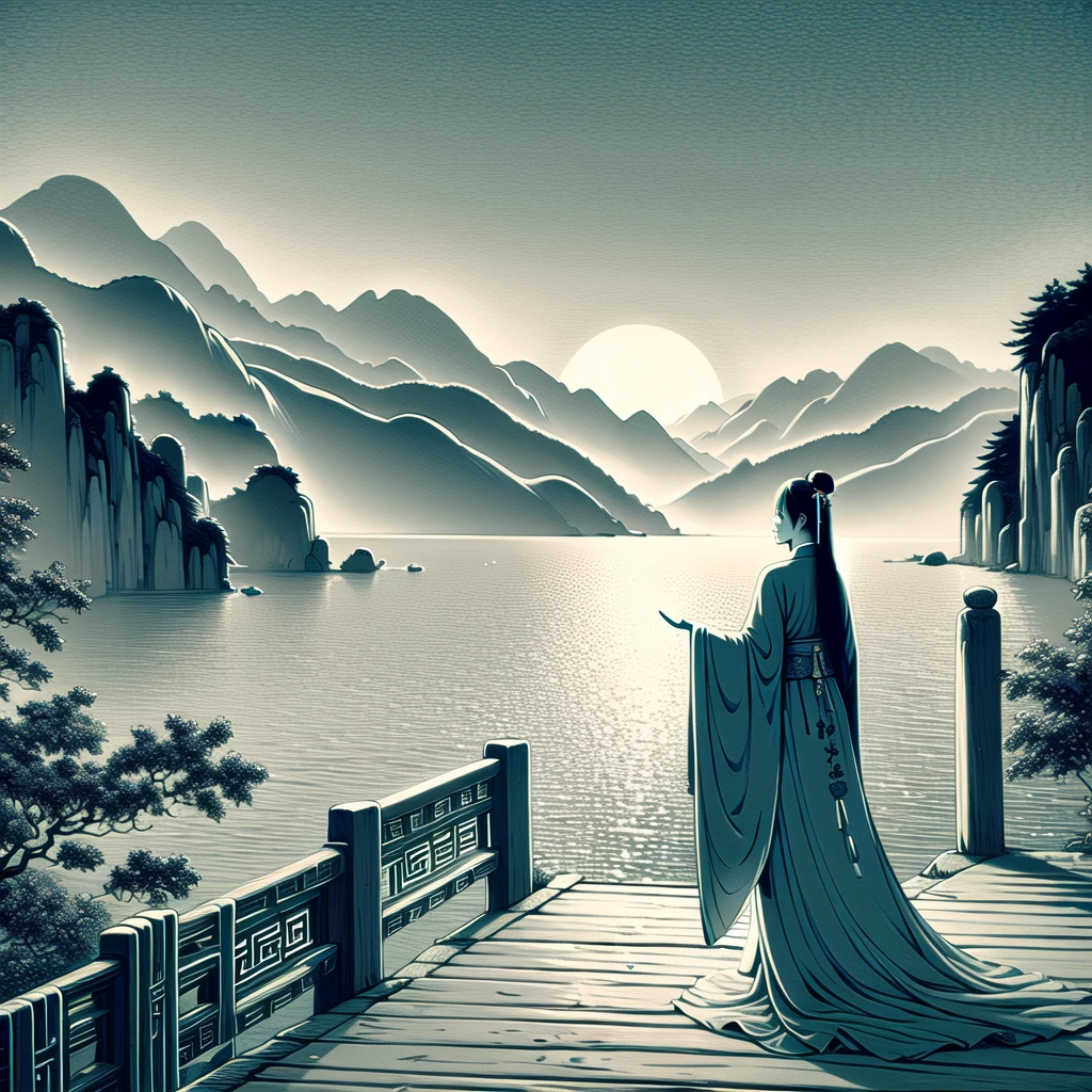 best quality,masterpiece,ancient china, gudai, 1girl, solo, long_hair, long_sleeves, very_long_hair, standing, monochrome, ponytail, greyscale, outdoors, sky, cloud, hair_bun, from_behind, tree, bird, chinese_clothes, moon, single_hair_bun, scenery, mountain, architecture, east_asian_architecture, hanfu, pagoda<lora:wuyichengxian:1>,