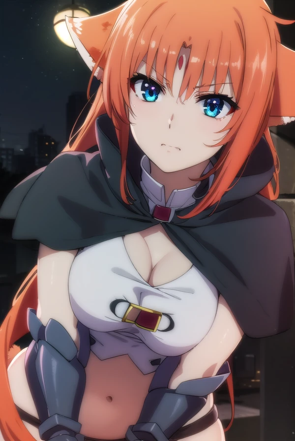 arftestarossa, <lora:arf testarossa movie2-lora-nochekaiser:1>,
arf testarossa, long hair, blue eyes, orange hair, forehead jewel, animal ears, wolf ears,
BREAK gloves, navel, cleavage, tail, midriff, fingerless gloves, cleavage cutout,
BREAK outdoors, city, night, starry sky,
BREAK looking at viewer, (cowboy shot:1.5),
BREAK <lyco:GoodHands-beta2:1>, (masterpiece:1.2), best quality, high resolution, unity 8k wallpaper, (illustration:0.8), (beautiful detailed eyes:1.6), extremely detailed face, perfect lighting, extremely detailed CG, (perfect hands, perfect anatomy),