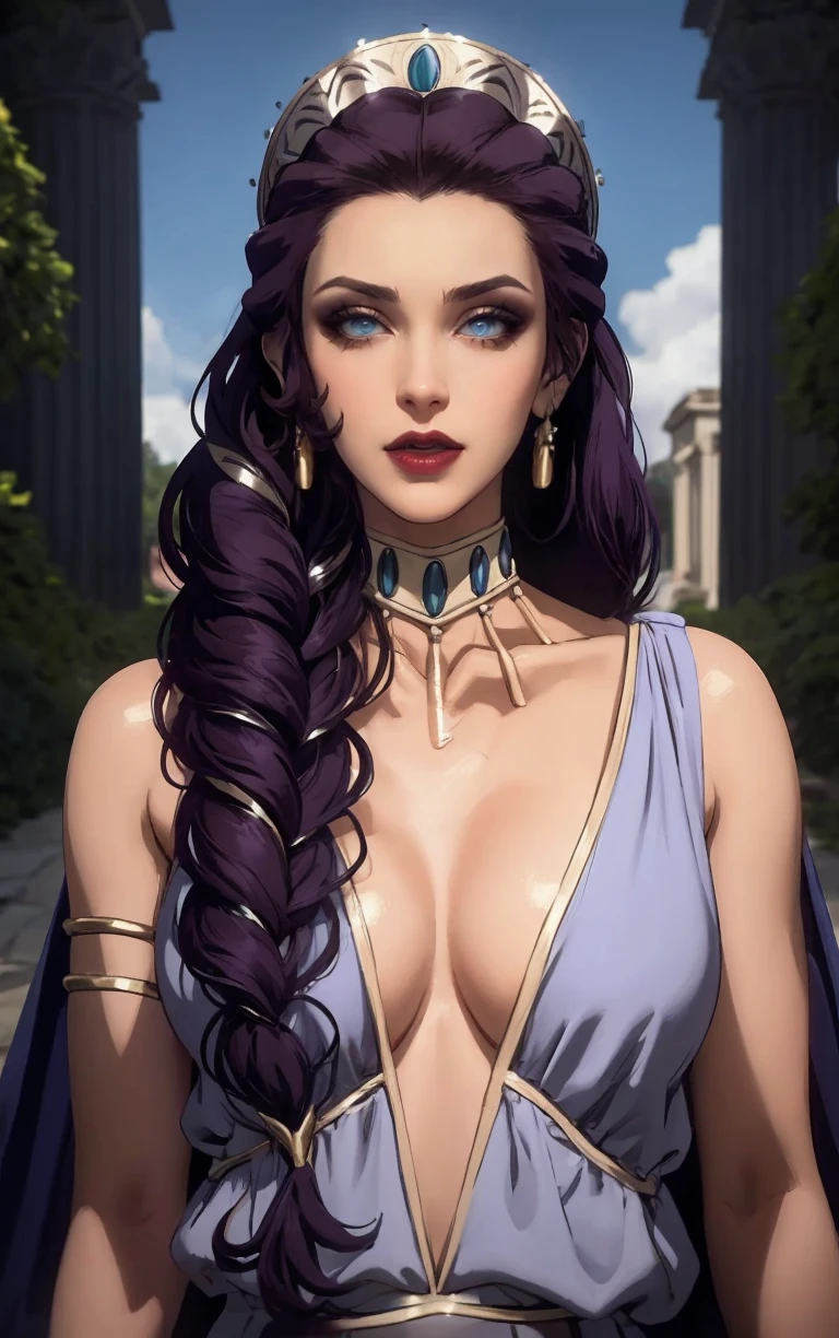 Dress_BloodOfZeus_Hera_ownwaifu,
1girl,single braid, hair over shoulder, breasts,very long hair, anklet, purple hair, blue eyes, lipstick, makeup, medium breasts, red lips, collarbone, bangs, lips, jewelry, earrings, bracelet, armlet, tiara, colored skin, necklace, crown, large breasts, bracer, hair ornament,
dress, cleavage, cape, plunging neckline, greek clothes, colored sclera, bare shoulders, center opening, blue cape, long dress,
<lora:CARTOON_BloodOfZeus_Hera_ownwaifu:0.9>
((masterpiece)),((best quality)),(highres, absurdres), original, official_art, looking at viewer, solo, focused, outdoors, day, cowboy shot,