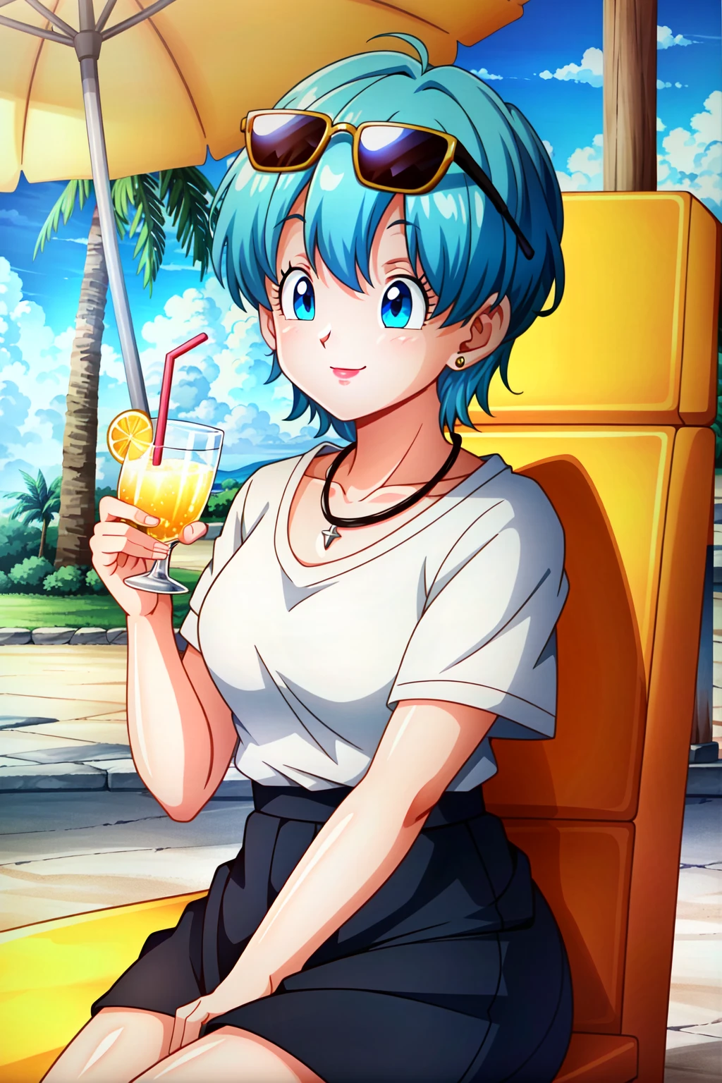 ((extremely detailed CG unity 4k wallpaper)),(masterpiece),(ultra quality),(ultra-detailed),(best illustration),(best shadow),(Extremely Detailed),(absurdres),(detailed background), <lora:OGT_Bulma-v1:0.7> Bulma, 1girl, solo, blue hair, blue eyes, jewelry, earrings, eyewear on head, sunglasses, lipstick, makeup, short hair, tree, tropical drink, bulma, drinking straw, flower, palm tree, drink, chair, food, necklace, smile, cup, fruit